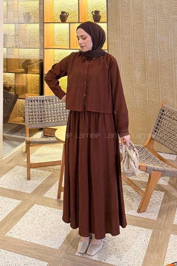 Brown Shirt Collar Long Arm Cotton Flared Skirt Suit
