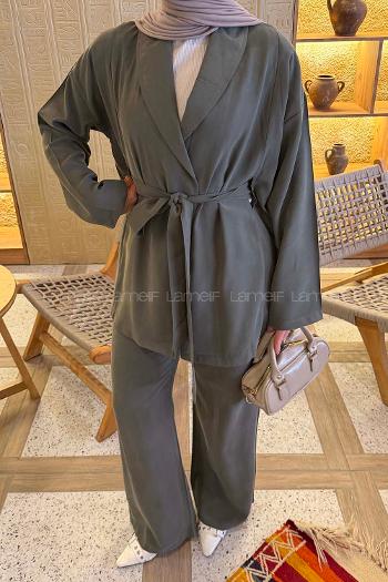 Lamelif Şal Yaka Tensel Pantolonlu Takım Haki