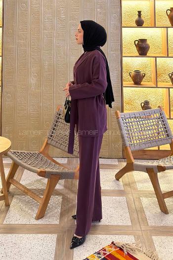 Lamelif Şal Yaka Tensel Pantolonlu Takım Mürdüm