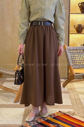 Brown Linen Unprinted Flared Skirt Skirt