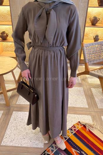 Khaki Shirt Collar Tensel Unprinted Dresess