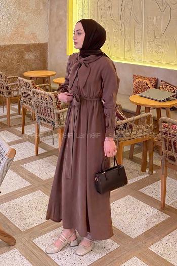 Brown Shirt Collar Tensel Unprinted Dresess