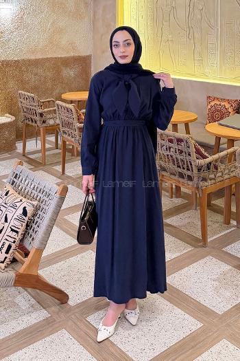 Navy Blue Shirt Collar Tensel Unprinted Dresess