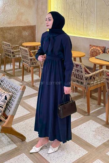 Navy Blue Shirt Collar Tensel Unprinted Dresess