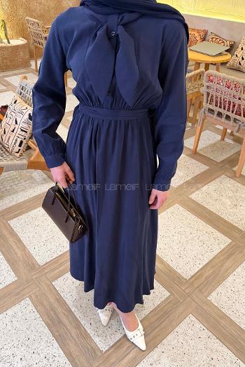 Navy Blue Shirt Collar Tensel Unprinted Dresess