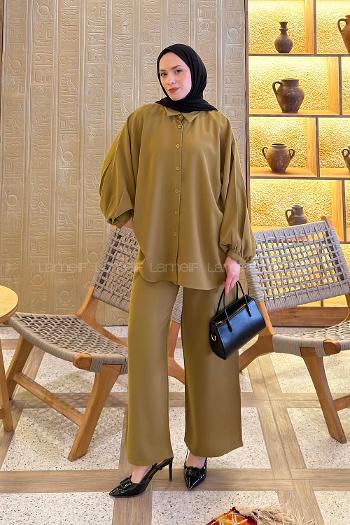 Lamelif Kol Büzgü Detaylı Takım Yağ Yeşili