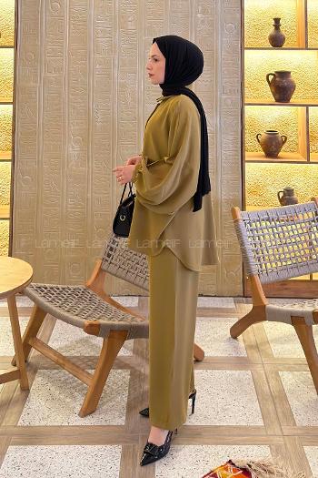 Lamelif Kol Büzgü Detaylı Takım Yağ Yeşili