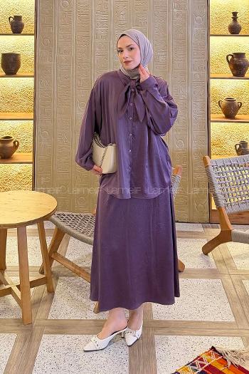 Lamelif Yaka Detaylı Etekli Takım Mor