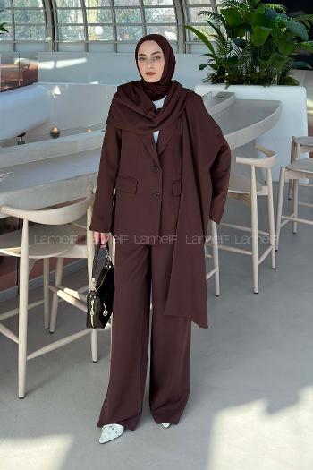 Lamelif Atkılı Blazer Takım Koyu Kahverengi