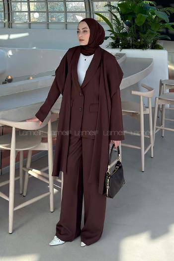 Lamelif Atkılı Blazer Takım Koyu Kahverengi