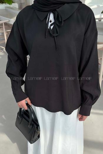 Lamelif Bebe Yaka Bağlamalı Tunik Siyah