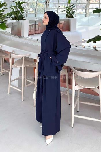 Lamelif Büyük Yaka Detaylı Pantolonlu Takım Lacivert