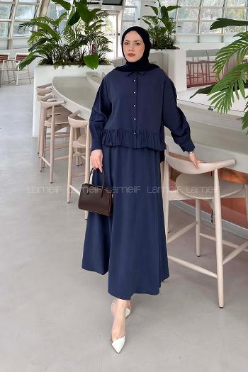 Navy Blue Shirt Collar Long Arm Cotton Flared Skirt Suit