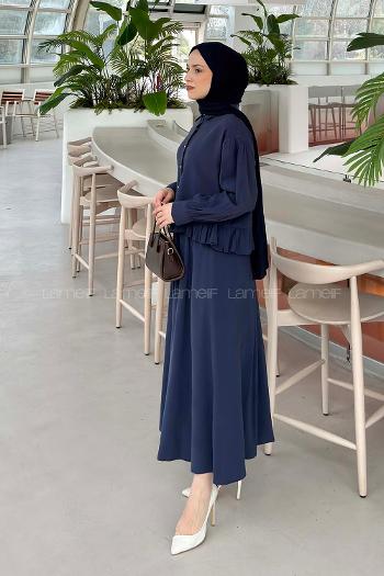 Navy Blue Shirt Collar Long Arm Cotton Flared Skirt Suit