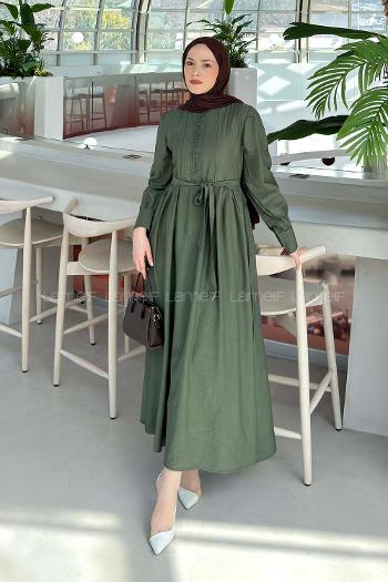 Khaki Mandarin Collar Cotton Unprinted Dresess