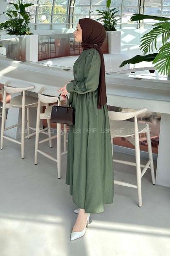 Khaki Mandarin Collar Cotton Unprinted Dresess