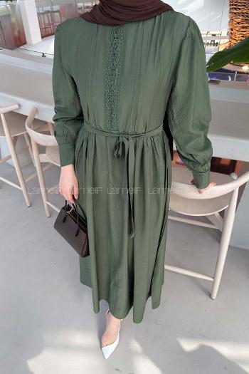 Khaki Mandarin Collar Cotton Unprinted Dresess