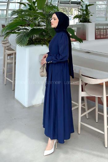 Lamelif Dantel Detaylı Bağlamalı Elbise Lacivert