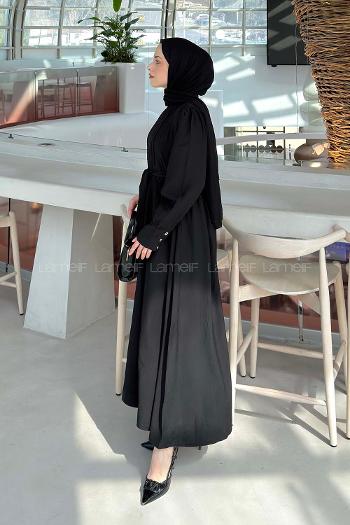 Black Mandarin Collar Cotton Unprinted Dresess