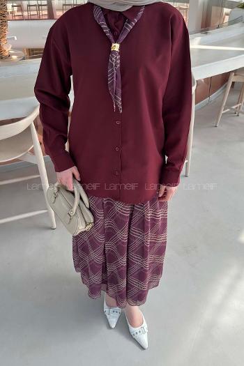 Lamelif Fular Detaylı Etekli Takım Bordo