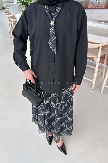 Lamelif Fular Detaylı Etekli Takım Siyah