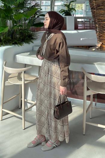 Lamelif Fular Detaylı Etekli Takım Soft Kahve