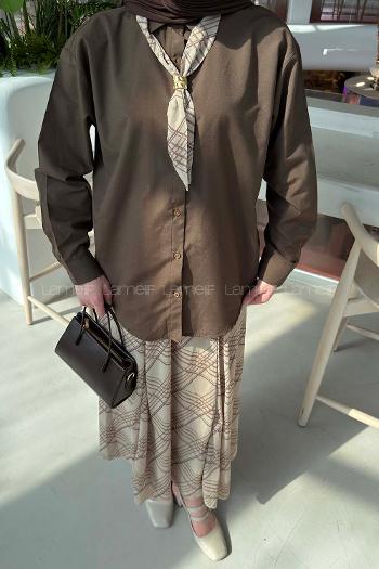 Lamelif Fular Detaylı Etekli Takım Soft Kahve