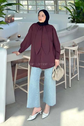 Lamelif Fular Detaylı Gömlek Mürdüm