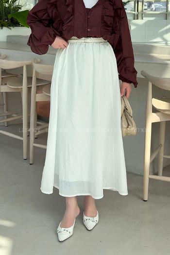 Lamelif Kemerli Cepli Tesettür Etek Beyaz