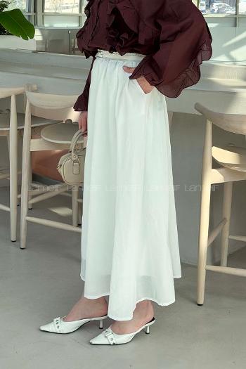 Lamelif Kemerli Cepli Tesettür Etek Beyaz