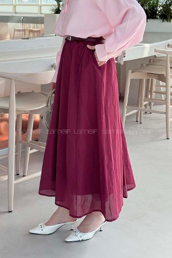 Lamelif Kemerli Cepli Tesettür Etek Bordo
