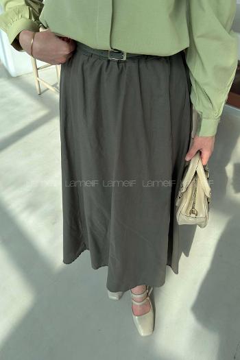 Lamelif Kemerli Cepli Tesettür Etek Haki