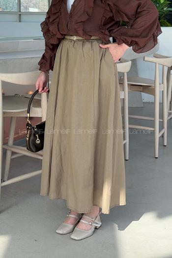Lamelif Kemerli Cepli Tesettür Etek Koyu Bej