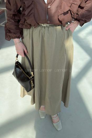 Lamelif Kemerli Cepli Tesettür Etek Koyu Bej