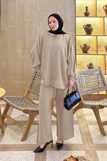 Lamelif Kol Büzgü Detaylı Takım Taş Rengi