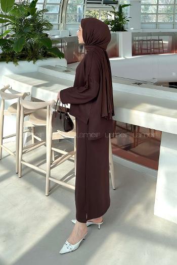 Lamelif Kristal Etekli Tesettür Takım Acı Kahve