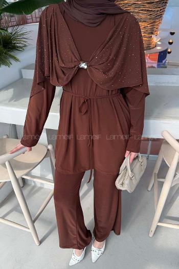 Brown Crew Neck Long Arm Cotton Regular Trousers Comfortable Suit