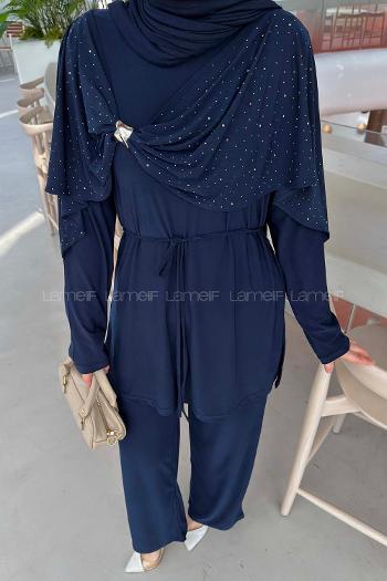 Lamelif Taş Detaylı Pelerinli Pantolon Takım Lacivert