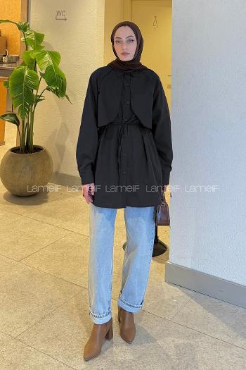Lamelif Pelerin Detaylı Gömlek Siyah