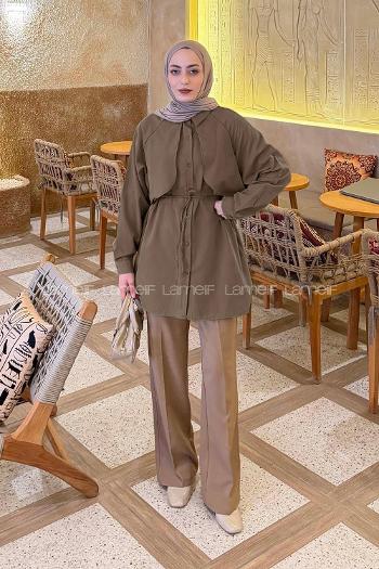 Lamelif Pelerin Detaylı Gömlek Soft Kahve