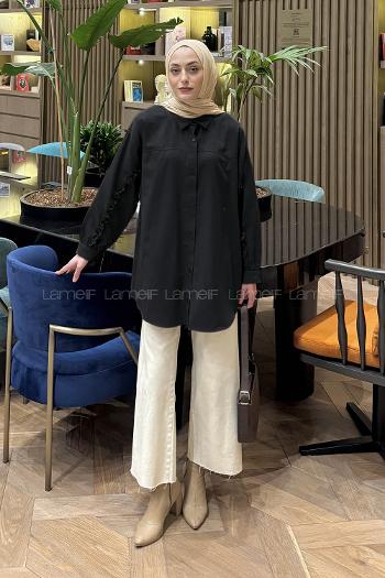 Lamelif Kol Fırfır Detaylı Gömlek Siyah