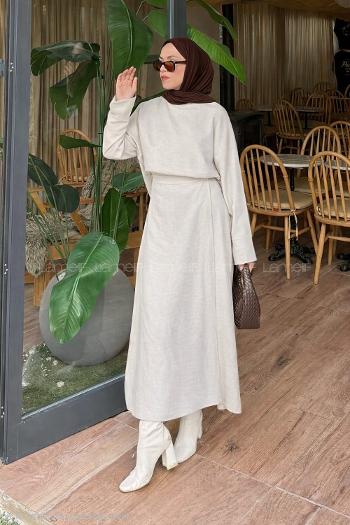 Stone Crew Neck Long Arm Viscose Fabric Flared Skirt Suit