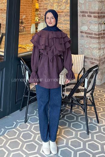 Lamelif Volan Detaylı Kol Büzgülü Gömlek Mürdüm