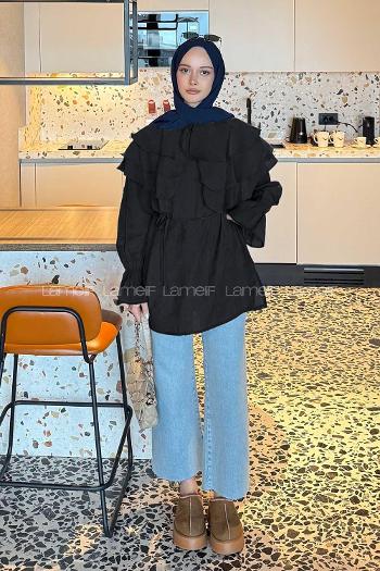 Lamelif Volan Detaylı Kol Büzgülü Gömlek Siyah