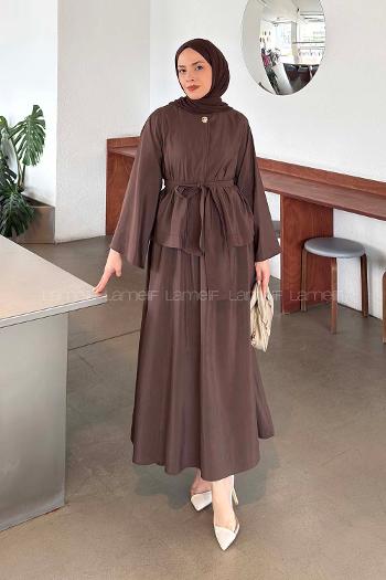 Lamelif Bağlama Detaylı Etekli Takım Acı Kahve
