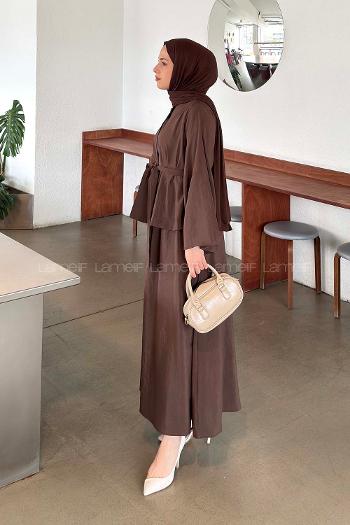 Lamelif Bağlama Detaylı Etekli Takım Acı Kahve