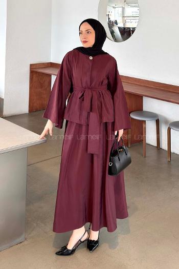 Lamelif Bağlama Detaylı Etekli Takım Bordo