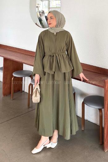 Lamelif Bağlama Detaylı Etekli Takım Haki