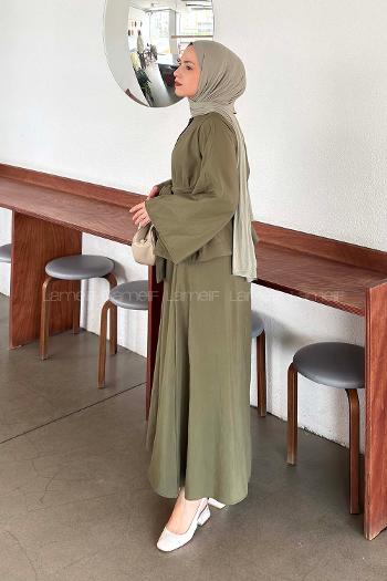 Lamelif Bağlama Detaylı Etekli Takım Haki