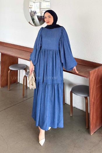 Denim Blue Crew Neck Cotton Printed Dresess